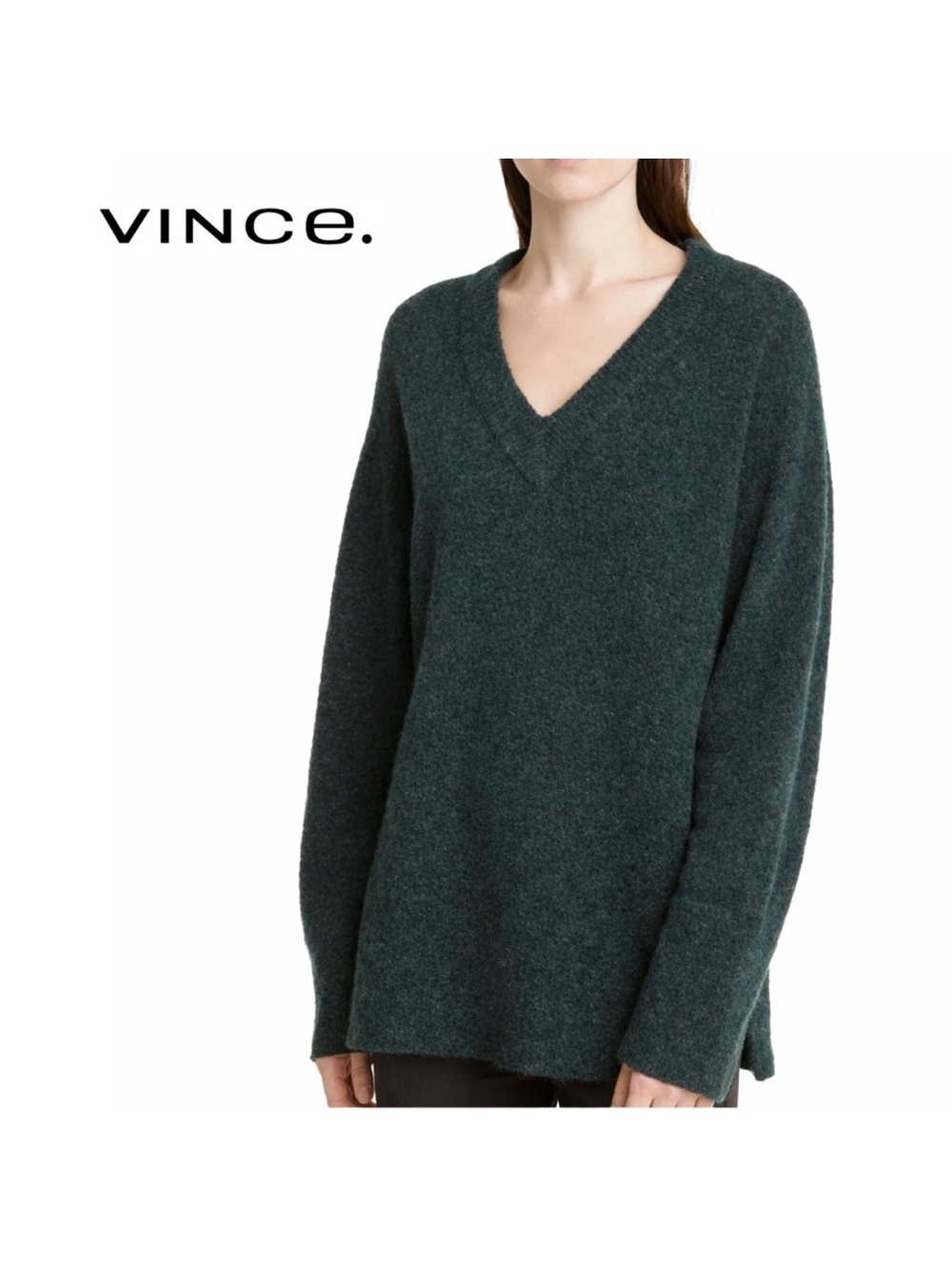 Vince Merino Wool Alpaca Slouchy V-Neck Tunic Sweater Dark Green S Preppy Warm